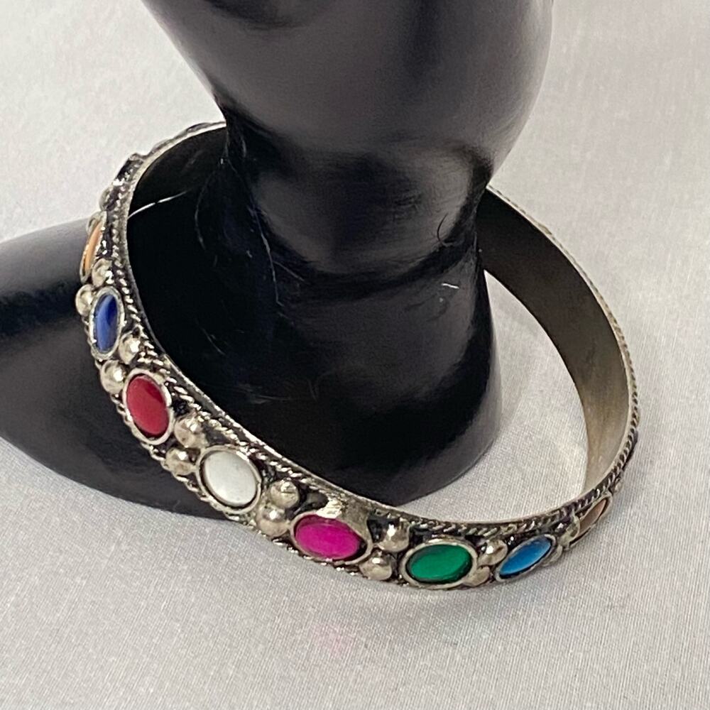 💎Bohemian Bangle Bracelet Multicolor Stone Studded Silver Tone